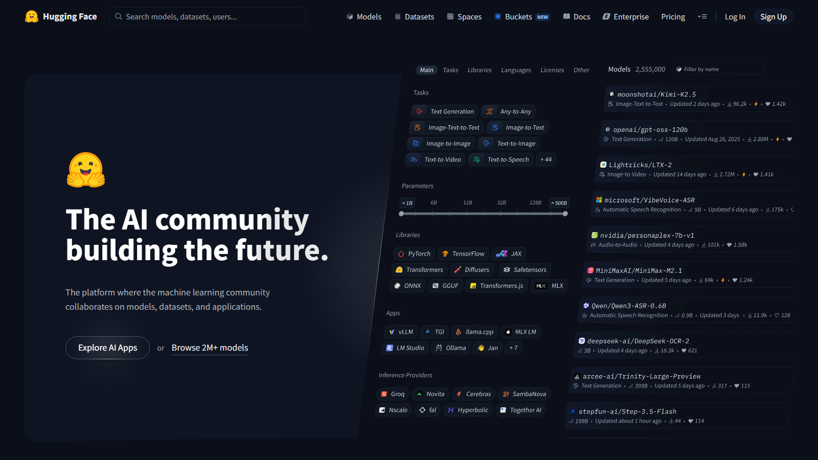 Portada de Hugging Face con el lema «The AI community building the future» y el contador de modelos publicados en la plataforma