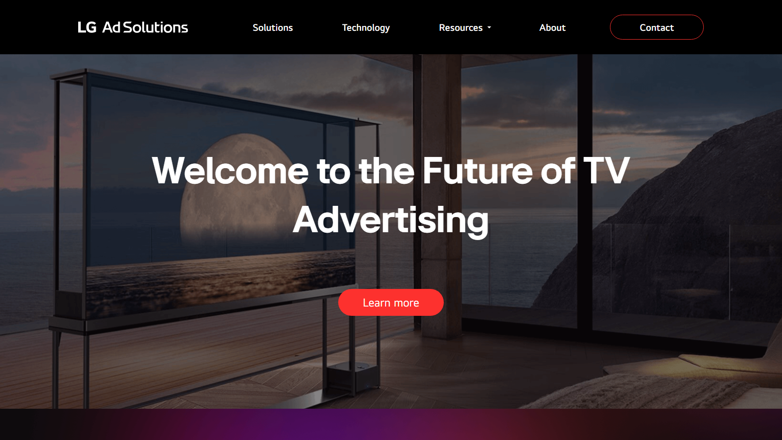 Portada del sitio de LG Ad Solutions con el título «Welcome to the Future of TV Advertising» y la bajada «Connect to the LG Universe With Our AI-Powered Advertising Platform»