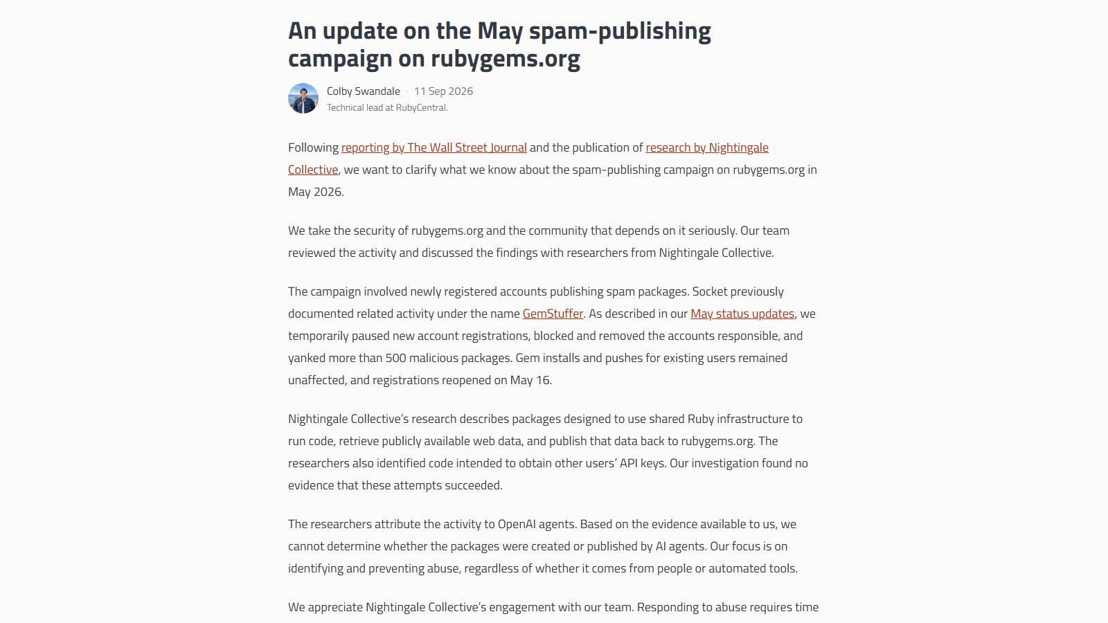 Comunicado del equipo de rubygems.org titulado «An update on the May spam-publishing campaign on rubygems.org», firmado por su líder técnico el 11 de septiembre de 2026